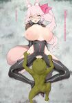  1boy 1girl absurdres animal_ear_fluff animal_ears arms_behind_back black_bodysuit blush bodysuit boots bow breasts breasts_out choker clothed_female_nude_male colored_skin fate/grand_order fate_(series) fox_ears fox_girl fox_tail glasses goblin green_skin hair_between_eyes hair_bow highres hip_vent knee_boots koyanskaya_(assassin)_(first_ascension)_(fate) koyanskaya_(fate) kunabishi large_breasts long_hair lying nipples nude on_back open_mouth pink_bow pink_hair ponytail sidelocks spread_legs tail tamamo_(fate) torn_clothes translation_request yellow_eyes 