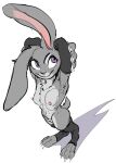 anthro armwear breasts clothing detached_sleeves disney female genitals hands_behind_head high-angle_view judy_hopps lagomorph legwear leporid mammal mostly_nude nipples purple_eyes pussy rabbit shadow simple_background small_breasts solo stretching thigh_highs toeless_thigh_highs yamabat zootopia