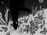  1boy bug butterfly funeral_of_the_dead_butterflies greyscale highres lobotomy_corporation lower_body maskv monochrome pants project_moon rain ripples shoes water 