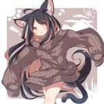  ! 1girl :o ahoge animal_ear_fluff animal_ears black_hair blush brown_background brown_eyes brown_hair brown_sweater cat_ears cat_girl cat_tail commentary daidai_ookami eighth_note feet_out_of_frame highres long_sleeves multicolored_hair musical_note off-shoulder_sweater off_shoulder original parted_bangs parted_lips puffy_long_sleeves puffy_sleeves ribbed_sweater sleeves_past_fingers sleeves_past_wrists solo sun_symbol sweater tail two-tone_background two-tone_hair walking white_background 