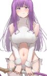  1girl :t alternate_costume bare_shoulders blunt_bangs breasts commentary detached_sleeves fern_(sousou_no_frieren) highres holding holding_staff large_breasts long_hair looking_at_viewer mage_staff mitsuru_(pixiv_34028718) panties pout purple_eyes purple_hair ribbed_legwear ribbed_panties ribbed_sleeves ribbed_sweater ribbed_thighhighs simple_background solo sousou_no_frieren staff sweater symbol-only_commentary thighhighs turtleneck turtleneck_sweater underwear virgin_destroyer_sweater white_background white_panties white_sleeves white_sweater white_thighhighs 