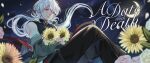  1boy a_date_with_death bare_shoulders bishounen casper_(a_date_with_death) crescent_moon english_text floating flower highres jacket long_hair male_focus moon night night_sky red_eyes sketchlyn sky sleeveless smile solo sunflower white_hair 