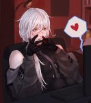  1boy a_date_with_death bare_shoulders black_gloves casper_(a_date_with_death) chair computer gloves heart highres jacket keyboard_(computer) long_hair male_focus pearl_mkmm red_eyes sitting solo spoken_heart white_hair 