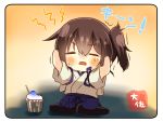  artist_name black_legwear blue_hakama brain_freeze brown_hair hair_between_eyes hakama hakama_skirt japanese_clothes kaga_(kantai_collection) kantai_collection open_mouth shaved_ice short_hair side_ponytail solo spoon taisa_(kari) tasuki thighhighs trembling 