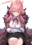  1girl aru_(blue_archive) blue_archive blush brown_horns closed_mouth demon_horns halo horns long_hair looking_at_viewer pink_hair pink_halo shirokitsune simple_background smile solo white_background yellow_eyes 