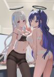  2girls absurdres ass black_bra black_panties black_pantyhose blue_archive bra breasts closed_mouth grey_hair halo headphones highres leaning_forward long_hair looking_at_viewer medium_breasts multiple_girls navel noa_(blue_archive) nuda panties panties_under_pantyhose pantyhose purple_eyes purple_hair smile strap_slip two_side_up underwear underwear_only very_long_hair white_bra white_panties yuuka_(blue_archive) 