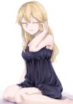  1girl bare_shoulders barefoot black_camisole blonde_hair breasts camisole clarice_(idolmaster) closed_eyes closed_mouth hand_in_own_hair hand_up idolmaster idolmaster_cinderella_girls idolmaster_cinderella_girls_starlight_stage long_hair medium_breasts namiko817 simple_background sitting smile solo white_background yokozuwari 