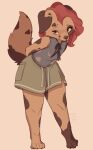 2023 anthro bottomwear brown_body brown_fur canid canine canis clothed clothing digital_media_(artwork) domestic_dog floppy_ears fully_clothed fur hair hi_res looking_at_viewer mammal red_hair simple_background skirt solo spots spotted_body spotted_fur tohupo