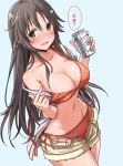  alcohol bare_shoulders beer beer_can bikini bikini_pull bikini_under_clothes blue_background blush breasts brown_hair can casual cleavage covered_nipples eyebrows_visible_through_hair fang green_eyes groin hair_between_eyes hair_ornament hairclip highres himekawa_yuki idolmaster idolmaster_cinderella_girls large_breasts long_hair looking_at_viewer open_mouth orange_bikini short_shorts shorts side-tie_bikini simple_background solo starheart stomach strap_pull swimsuit thighs tongue translation_request untied untied_bikini 