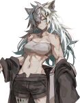  1girl animal_ear_fluff animal_ears antenna_hair arknights bandeau bare_arms bare_shoulders belt biceps black_belt black_jacket black_shorts breasts cleavage closed_mouth collarbone commentary cowboy_shot expressionless grey_eyes grey_hair groin_tendon hair_between_eyes hair_ornament hair_over_one_eye hairclip highres jacket jacket_partially_removed lappland_(arknights) long_hair long_sleeves looking_at_viewer medium_breasts messy_hair midriff mutomorokoshi navel open_clothes open_fly open_jacket oripathy_lesion_(arknights) raised_eyebrows scar scar_across_eye scar_on_face shadow short_shorts shorts simple_background sleeves_past_fingers sleeves_past_wrists solo standing stomach strapless toned tube_top very_long_hair white_background white_bandeau wide_sleeves wolf_ears wolf_girl 