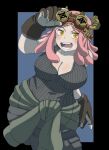 1girl adjusting_eyewear arutarufu black_shirt blush boku_no_hero_academia breasts cleavage clothes_around_waist crosshair_pupils gloves goggles goggles_on_head hand_up hatsume_mei highres jacket jacket_around_waist large_breasts open_mouth pink_hair shirt simple_background solo standing yellow_eyes 