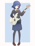  1girl absurdres bass_guitar black_shirt blue_hair blue_skirt blush bocchi_the_rock! brown_footwear chibikki collared_shirt copyright_name dot_mouth dot_nose expressionless fender_precision_bass full_body guitar hair_ornament hairclip highres holding holding_instrument instrument long_sleeves miniskirt mole mole_under_eye music neck_ribbon pleated_skirt ribbon school_uniform shimokitazawa_high_school_uniform shirt skirt sleeves_past_wrists solo standing two-tone_background yamada_ryo 