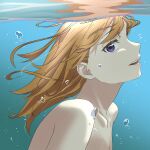  1girl absurdres brown_hair collarbone floating_hair highres long_hair looking_at_viewer looking_to_the_side love_live! love_live!_superstar!! nude open_mouth purple_eyes s_sho_mkrn shibuya_kanon solo straight_hair underwater 