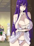  1boy 2girls areola_slip breasts cameltoe drinking fern_(sousou_no_frieren) finger_to_mouth frieren karube_guri large_breasts lingerie midriff multiple_girls navel pov purple_eyes purple_hair sein_(sousou_no_frieren) shushing sousou_no_frieren steaming_body underwear 