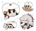  :&lt; :3 animal animal_focus animalization bird bridal_gauntlets cat chibi closed_eyes coat critter_pick_(honkai:_star_rail) grey_cat hair_over_one_eye hair_ribbon highres honkai:_star_rail honkai_(series) jing_yuan long_sleeves lying_on_animal mole mole_under_eye omochi_binta one_eye_covered pants paw_print ponytail red_pants red_ribbon ribbon simple_background sitting tail tail_ornament tail_ribbon tail_wagging white_background white_coat yellow_eyes 