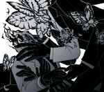  1boy 1other animal_head bug butterfly clock coat dante_(limbus_company) fire flower funeral_of_the_dead_butterflies gloves greyscale jacket limbus_company lobotomy_corporation long_sleeves maskv monochrome object_head pants project_moon simple_background wing_collar 