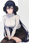  1girl alternate_costume between_legs black_hair black_skirt black_thighhighs breasts commentary_request earmuffs hair_between_eyes hand_between_legs highres kantai_collection kasumi_(skchkko) large_breasts long_hair long_sleeves looking_at_viewer nagato_(kancolle) parted_lips red_eyes ribbed_sweater simple_background skirt smile solo sweater thighhighs white_sweater 