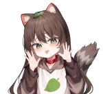  1girl :p animal_ear_fluff animal_ears brown_hair collar hood hood_down hoodie leaf leaf_on_head leaf_print long_hair long_sleeves looking_at_viewer mannack original raccoon_ears raccoon_girl raccoon_tail red_collar tail tongue tongue_out 