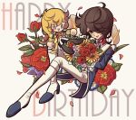  1boy andre_grandier black_hair blonde_hair blue_eyes blue_flower blue_jacket boots bouquet brown_hair character_doll falling_petals flower full_body hair_over_one_eye happy_birthday high_heel_boots high_heels holding holding_bouquet jacket knee_boots long_hair long_sleeves looking_at_viewer male_focus meremero open_mouth pants petals red_flower red_rose rose short_hair sitting smile solo versailles_no_bara white_pants yellow_flower 