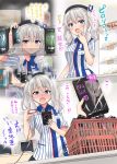  1girl :o absurdres baozi barcode_scanner blue_eyes blush can check_translation commentary_request condom convenience_store elephant embarrassed employee_uniform energy_drink food highres id_card kantai_collection kashima_(kantai_collection) lawson monster_energy open_mouth red_bull sarfata shop shopping_basket silver_hair store_clerk translation_request twintails uniform wavy_mouth 
