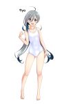  1girl absurdres ahoge bare_shoulders barefoot collarbone commentary_request covered_navel flat_chest full_body grey_eyes grey_hair hair_between_eyes highres kantai_collection kiyoshimo_(kancolle) long_hair low_twintails new_school_swimsuit one-piece_swimsuit open_mouth round_teeth school_swimsuit simple_background solo swimsuit takafumi teeth twintails upper_teeth_only variant_set very_long_hair white_background white_one-piece_swimsuit 