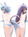  2girls animal_ear_fluff animal_ears ass blue_eyes cat_ears cat_girl cat_tail fox_ears fox_girl fox_tail grey_hair hair_ornament highres long_hair looking_at_viewer looking_back multiple_girls panties purple_hair short_hair striped striped_panties suzuki-shi tail tails_touching topless underwear underwear_only vrchat x_hair_ornament yellow_eyes 