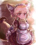  animal_ear_fluff animal_ears apron blonde_hair blush bow bowtie brown_eyes commentary curtsey extra_ears eyebrows_visible_through_hair fennec_(kemono_friends) fox_ears fox_tail fur_trim gloves hair_ribbon highres kemono_friends kemono_friends_festival looking_at_viewer maid maid_apron maid_headdress pink_ribbon ribbon shiitake_fuumi short_sleeves smile solo tail yellow_neckwear 