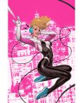  1girl \m/ black_bodysuit blonde_hair blue_eyes blue_footwear bodysuit cityscape david_nakayama full_body gwen_stacy headphones highres long_hair looking_at_viewer marvel multicolored_bodysuit multicolored_clothes pillarboxed pink_bodysuit red_lips shoes solo spider-gwen spider-man_(series) teeth white_bodysuit 