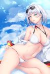  alternate_costume arm_support armpits azur_lane baggy_clothes bangs bikini blue_eyes breasts cameltoe cleavage closed_mouth coat collarbone commentary_request covered_nipples cowboy_shot cross cross_earrings cup day drinking_straw earrings eyebrows_visible_through_hair eyewear_on_head groin hair_between_eyes hand_on_eyewear head_tilt highres jewelry large_breasts looking_at_viewer navel outdoors scarf shiro_usagi short_hair sidelocks silver_hair sitting skindentation solo sparkle stomach sunglasses swimsuit thighs tirpitz_(azur_lane) white_bikini white_coat white_scarf wind yokozuwari 