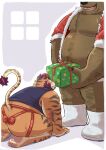 2023 absurd_res anthro art_hoshi bear belly big_belly black_nose blush brown_body butt christmas clothing duo exclamation_point felid gift hi_res holidays humanoid_hands kemono male male/male mammal moobs nipples overweight overweight_male pantherine scar shirt tiger topwear