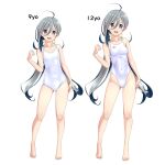  2girls absurdres age_progression ahoge bare_shoulders barefoot breasts collarbone commentary_request comparison competition_swimsuit covered_navel dual_persona flat_chest full_body grey_eyes grey_hair groin hair_between_eyes hair_ribbon highleg highleg_swimsuit highres kantai_collection kiyoshimo_(kancolle) kiyoshimo_kai_ni_(kancolle) long_hair looking_at_viewer low_twintails multiple_girls new_school_swimsuit one-piece_swimsuit open_mouth ribbon round_teeth school_swimsuit small_breasts standing swimsuit takafumi teeth twintails upper_teeth_only v-shaped_eyebrows variant_set very_long_hair white_one-piece_swimsuit 