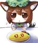  1girl :&lt; animal_ear_fluff animal_ears artist_name blush brown_eyes brown_hair cat_ears cat_tail chen chibi closed_mouth food frills fumo_(doll) green_headwear hair_between_eyes hat highres jitome ketchup long_sleeves looking_at_viewer medium_hair mob_cap multiple_tails no_nose omelet omurice plate signature simple_background solo straight-on table tail tomato touhou two_tails upper_body white_background yakumora_n 