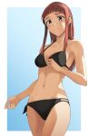  1girl bare_arms bikini black_bikini blue_background blunt_bangs border brown_eyes brown_hair character_request closed_mouth collarbone copyright_request cowboy_shot embarrassed groin halterneck long_hair navel rourou_ill side-tie_bikini_bottom sidelocks solo standing swimsuit white_border 
