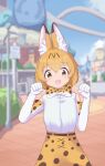  1girl absurdres animal_ear_fluff animal_ears bare_shoulders blonde_hair blush bow bowtie cat_ears cat_girl cowboy_shot elbow_gloves fuliowo gloves hair_between_eyes high-waist_skirt highres kemono_friends looking_at_viewer open_mouth print_bow print_bowtie print_gloves print_skirt serval_(kemono_friends) serval_print shirt short_hair skirt sleeveless smile solo white_gloves white_shirt yellow_eyes 
