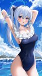  1girl absurdres armpits bare_legs bare_shoulders black_one-piece_swimsuit blue_archive blue_halo blush breasts collarbone covered_navel cowboy_shot day frilled_one-piece_swimsuit frills grey_hair hair_between_eyes halo highres long_hair looking_at_viewer medium_breasts miruku_pan miyako_(blue_archive) miyako_(swimsuit)_(blue_archive) ocean off-shoulder_one-piece_swimsuit off_shoulder official_alternate_costume one-piece_swimsuit open_mouth outdoors ponytail purple_eyes sideboob solo swimsuit water 