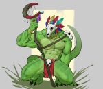 absurd_res anthro black_claws bone bottomwear bracelet claws clothing digital_media_(artwork) digitigrade dreamcatcher green_body green_scales hi_res jewelry lihzahrd loincloth long_tail male mask muscular necklace reptile scales scalie skull skull_head skull_mask solo staff tail terraria witch_doctor_(terraria) yourboi_lynno