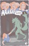 aaaaaaaaaaa anthro blue_eyes border canid canine circumjacentity claws clothed clothing comic dialogue digital_media_(artwork) digitigrade duo english_text female flat_colors forest fur hair hi_res human male male/female mammal outside plant red_hair scared screaming simple_background speech_bubble tail text tree wallet were werecanid werecanine werewolf yellow_eyes