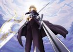  1girl armor armored_dress blonde_hair braid capelet cloud cloudy_sky fate/apocrypha fate/grand_order fate_(series) flag gauntlets headpiece highres holding holding_flag holding_polearm holding_weapon jeanne_d&#039;arc_(fate) jeanne_d&#039;arc_(ruler)_(fate) kitsuneharmony long_braid looking_at_viewer polearm purple_eyes sky solo sword thighhighs weapon 