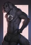 anthro athletic athletic_anthro athletic_male black_body black_fur black_nose canid canine canis clothed clothing domestic_dog floppy_ears fur fur_markings hi_res looking_at_viewer male mammal markings neck_tuft shirtless smile solo tuft underwear underwear_only yasmil