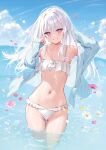  1girl bikini blue_sky cloud cloudy_sky flower highres long_hair long_sleeves looking_at_viewer mignon navel ocean open_clothes original partially_submerged petals purple_eyes shiny_skin shirt simple_background sky smile solo stomach swimsuit wading water white_hair 
