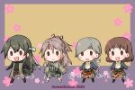  4girls armor black_hair breastplate brown_hair brown_hakama chibi chitose_(kancolle) chitose_kai_ni_(kancolle) chiyoda_(kancolle) chiyoda_kai_ni_(kancolle) dated grey_hair grey_jacket grey_shorts hachimaki hair_down hakama hakama_pants hakama_shorts hakama_skirt headband high_ponytail jacket japanese_clothes jinbaori kantai_collection long_hair low_ponytail multiple_girls muneate orikoshi_shino pants short_hair shorts skirt twitter_username zuihou_(kancolle) zuikaku_(kancolle) 