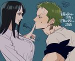  1boy 1girl black_hair blue_eyes blunt_bangs breasts closed_mouth commentary_request earrings finger_to_another&#039;s_mouth green_hair hetero jewelry large_breasts light_blush long_sleeves looking_at_another medium_hair nico_robin nsgw one_piece roronoa_zoro shirt short_hair simple_background smile squiggle sweatdrop translation_request white_shirt 