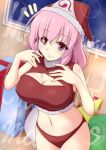  1girl :t bikini breasts christmas cleavage commentary_request cowboy_shot food food_on_face fur_trim gift hat indoors kurenaidahlia large_breasts looking_at_viewer medium_hair merry_christmas navel pink_hair red_bikini red_headwear saigyouji_yuyuko santa_bikini santa_hat solo swimsuit touhou triangular_headpiece 