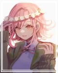  bangs blush breasts closed_mouth danganronpa eyebrows_visible_through_hair frame hair_between_eyes hair_ornament head_wreath hood hoodie long_sleeves nanami_chiaki open_clothes pink_eyes pink_hair sdr_roll0808 shirt short_hair simple_background smile solo standing super_danganronpa_2 tears upper_body white_background white_shirt 