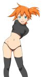  1girl :d arms_behind_back black_legwear black_panties black_shirt blue_eyes blush blush_stickers breasts female hair_tie kasumi_(pokemon) long_sleeves looking_up medium_breasts monousa navel open_mouth orange_hair panties pokemon pokemon_(anime) pokemon_(classic_anime) shiny shiny_hair shirt side_ponytail simple_background skindentation smile solo standing thighhighs tied_hair underwear white_background 