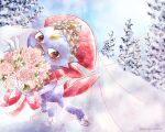  animal_focus artist_name blue_sky bouquet claws commentary_request dress eyelashes fangs forehead_jewel head_wreath highres no_humans open_mouth outdoors pokemon pokemon_(creature) red_eyes remedy_matome sky snow tree twitter_username veil weavile wedding_dress 