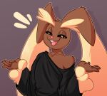 anthro brown_body brown_fur buckteeth clothed clothing fingers fur generation_4_pokemon hi_res looking_at_viewer lopunny nintendo open_mouth open_smile pokemon pokemon_(species) pupils simple_background smile solo teeth witchtaunter