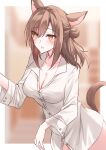  1girl animal_ears blurry blurry_background breasts brown_hair cat_ears cat_girl cat_tail character_request cleavage collarbone collared_shirt depth_of_field dress_shirt final_fantasy final_fantasy_xiv hair_between_eyes highres kinona long_hair long_sleeves looking_at_viewer medium_breasts miqo&#039;te naked_shirt orange_eyes shirt slit_pupils solo tail white_shirt 