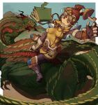  1girl absurdres aura belt_pouch black_footwear book boots border breasts brown_eyes brown_hair colored_skin crying crying_with_eyes_open deviljho fingerless_gloves gauntlets gloves goggles goggles_on_head green_skin handler_(monster_hunter_world) highres jisontang knee_pads leggings lizard_tail looking_at_another looking_down lower_teeth_only monster monster_hunter:_world monster_hunter_(series) mountain mushroom open_mouth pouch quill riding riding_animal scar shawl slit_pupils small_breasts spikes tail tears teeth tongue white_border yellow_eyes yellow_shawl yellow_tunic 