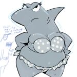 2023 angry anthro background_character bottomwear breasts cleavage clothed clothing dialogue duo english_text eyewear fangs female fish glasses hands_on_hips looking_at_viewer male marine nickelodeon open_mouth pants shamelesss shark simple_background spongebob_squarepants swimwear teeth text white_background